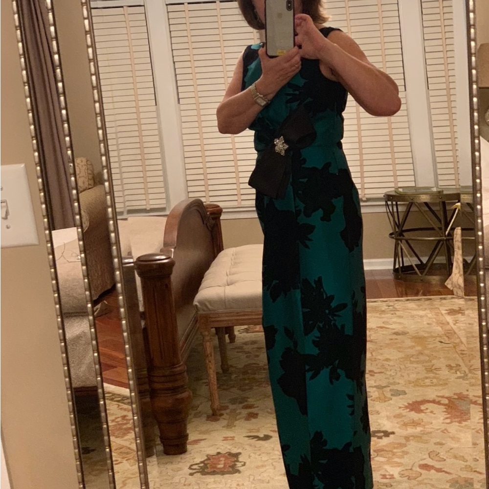 Kay Unger Teal and Black Floral Maxi Dress - column gown with front slit